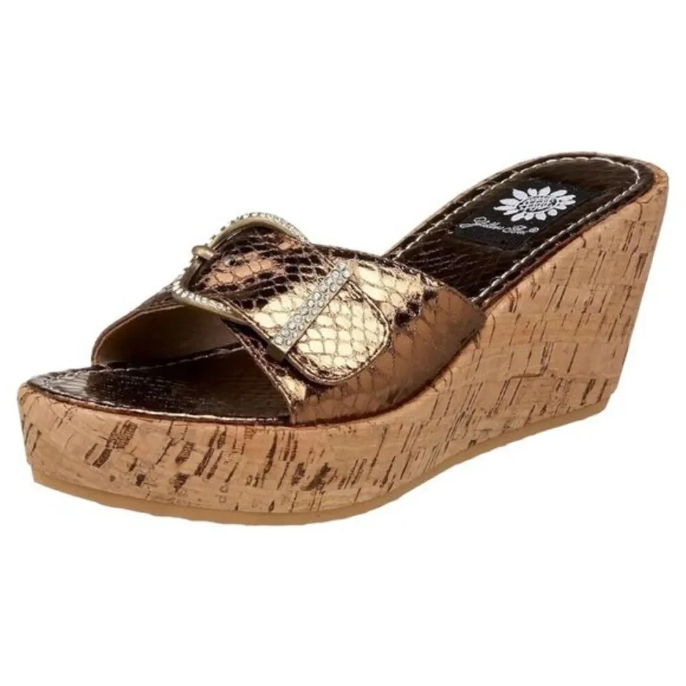 Yellow Box Shelly Bronze Rhinestone Snakeskin Cork Wedge Sandals - Picture 2 of 12